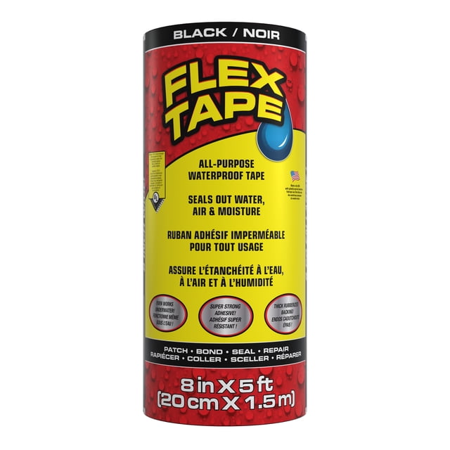 Flex Tape , Ruban Adhésif Imperméable Caoutchouté Résistant, 8 Pouces x 5 Pieds, Noir. un Rouleau de Ruban Adhésif Noir avec un Endos Caoutchouté, Idéal pour Rapiécer, Coller et Sceller les Fuites. l'Emballage Met l'Accent sur Ses Propriétés Imperméables, Sa Capacité à Travailler sous l'Eau et Sa Résistance aux Intempéries Extrêmes. Convient aux Scellants pour Toitures, aux Réparations de Plomberie, aux Réparations Automobiles et aux Projets de Bricolage.