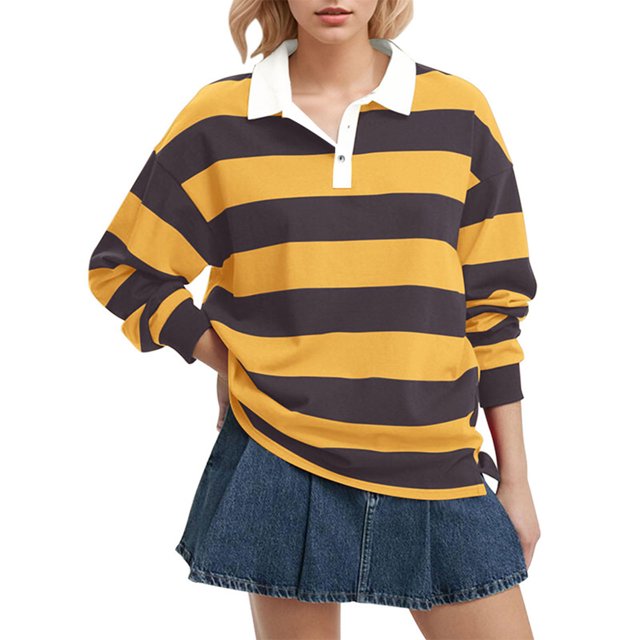 HAiming Womens Striped Tops Long Sleeve Lapel Collar Pullover Color Block Casual Blouses Fall Trendy Clothes