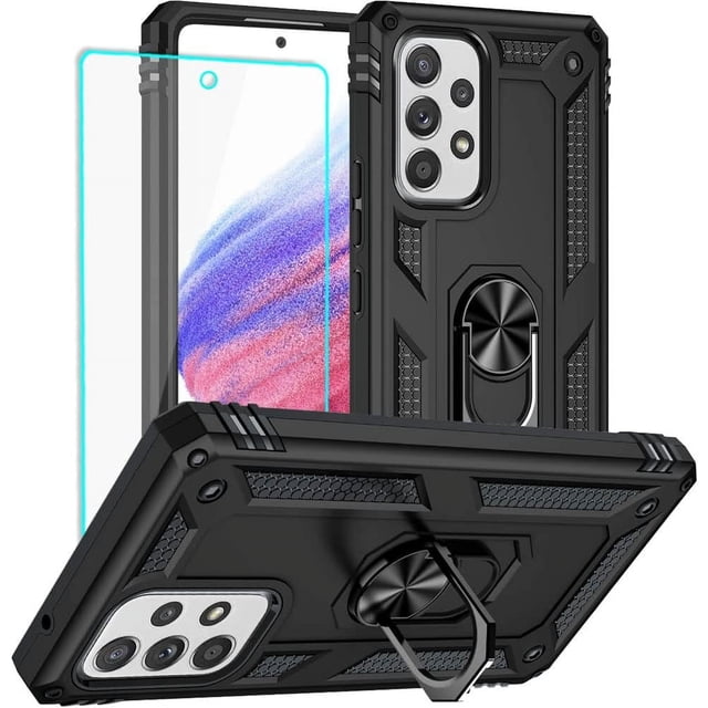 Samsung A53 5G Case with HD screen protector, featuring military-grade 16ft drop-tested protection. Designed for Samsung Galaxy A53, this black shockproof case includes a 360° rotatable ring holder that doubles as a kickstand for hands-free viewing. The case has raised edges to protect the camera and screen, precise cutouts for easy access to ports, and anti-slip TPU material for a secure grip. Compatible with magnetic car mounts for navigation.