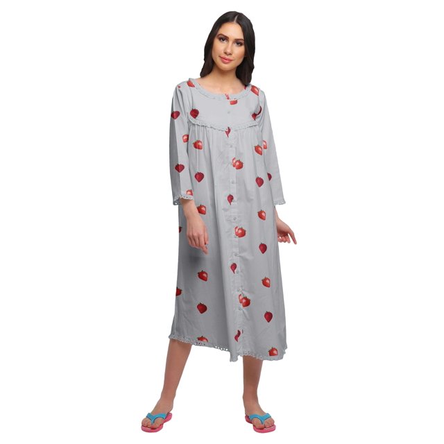 Moomaya Robe de Nuit Imprimée Longueur Genou en Coton avec Bordure en Dentelle Manches 3/4 pour Femmes