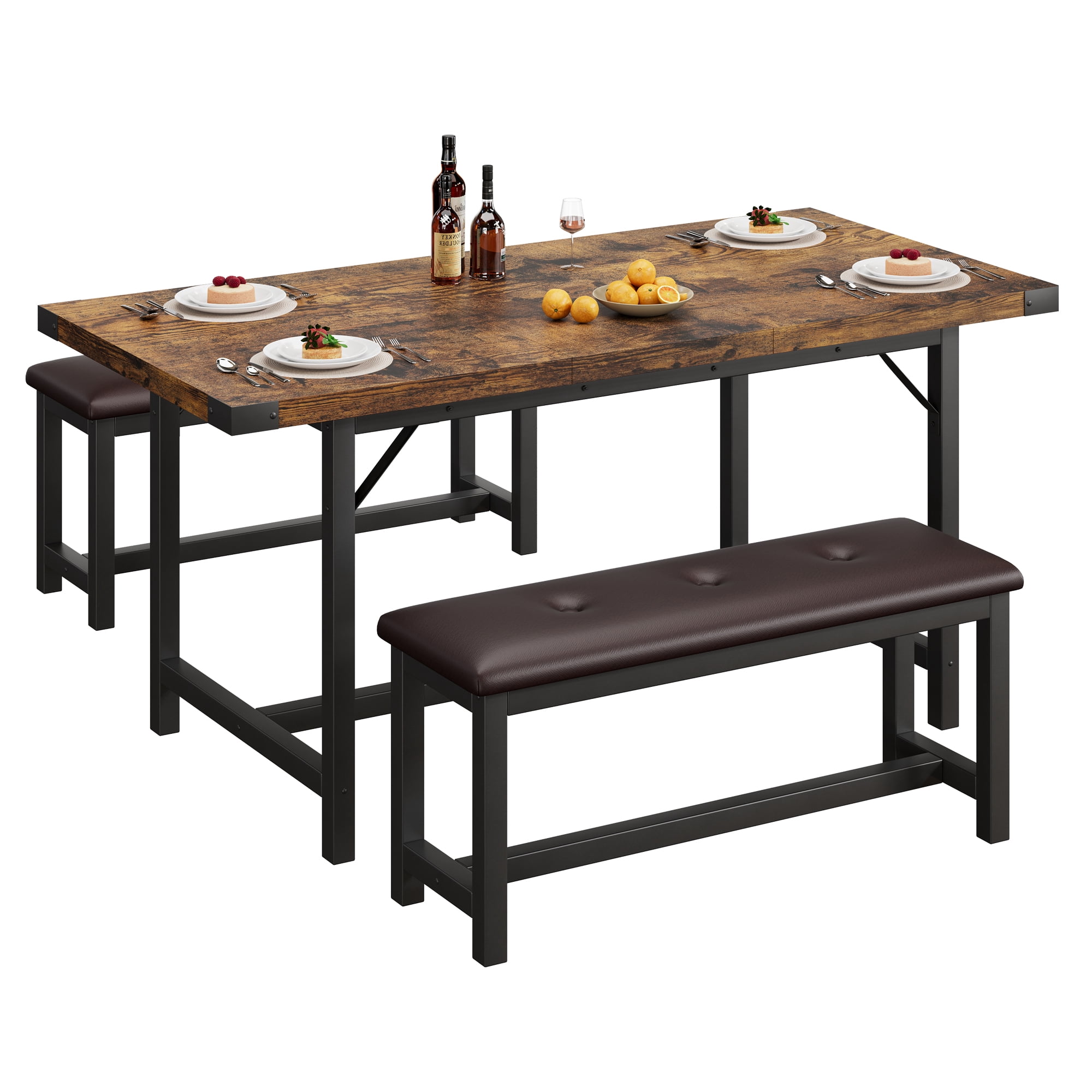MIUUKA Extendable Dining Table Set for 4-6,Space-Saving Rectangle Kitchen Table with 2 Upholstered Benches,Sturdy Metal Frame, Ideal for Apartment, Dining Room, Small Spaces,Brown