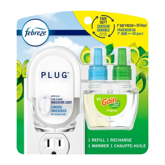 Febreze Plug In Air Freshener starter kit with Gain Original scented oil refill, featuring a white plug-in warmer with low-level indicator light and two clear refill bottles with blue and green caps, designed for continuous odor-fighting scent release lasting up to 50 days.