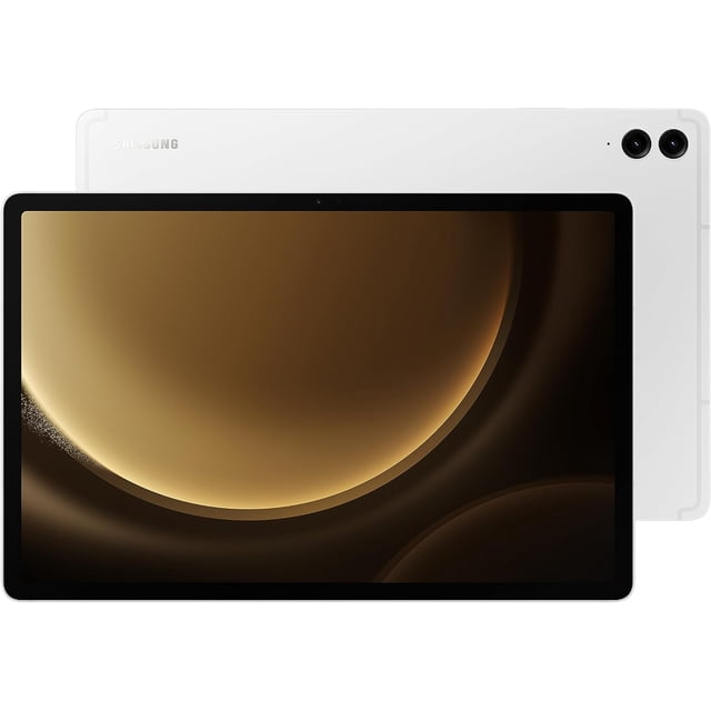 Open Box - Samsung Galaxy Tab S9 FE+ Plus 256GB Android tablet with a 12.4-inch screen and included S Pen. The tablet features a sleek white design with dual rear cameras and a large display suitable for multitasking, streaming, and creative projects. It is water and dust-resistant with an IP68 rating, making it durable for various environments. The screen offers vibrant visuals with a 90Hz adaptive refresh rate, and the S Pen provides a responsive, pen-on-paper feel for writing and drawing. Ideal for productivity and entertainment.