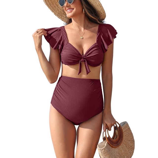 Ruffled V Neck Bikini Sets for Maternity Tie Back Two Piece Bath Suit Pregnancy Swimsuit