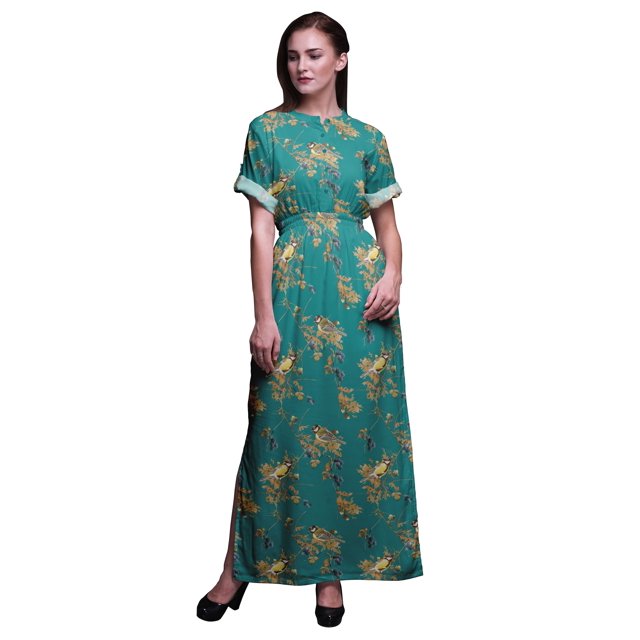 Bimba Rayon Black Berry & Yellow Sparrow Bird Ladies Long Gown Boho Beach Cocktail Party Maxi SlitDress-Small