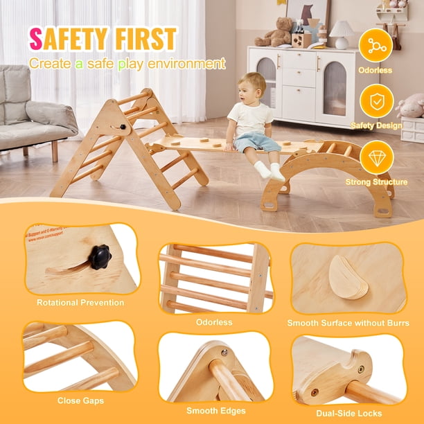 Ensemble Triangle Pikler, Ensemble d'Escalade Montessori, Jouets de Jeu d'Escalade pour Bébé Intérieur, Gymnases de Jungle pour Tout-petits Âgés de 1-4 ans, Aire de Jeux d'Escalade pour Tout-petits