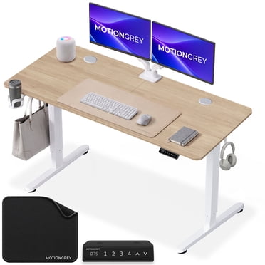 MotionGrey - Bureau Debout Électrique Ergo2 avec Tapis de Souris, Clavier à Mémoire à 4 Préréglages, Dessus Brun Pâle 55” x 24”, Cadre Blanc – Bureau Ergonomique Réglable pour la Maison et le Bureau