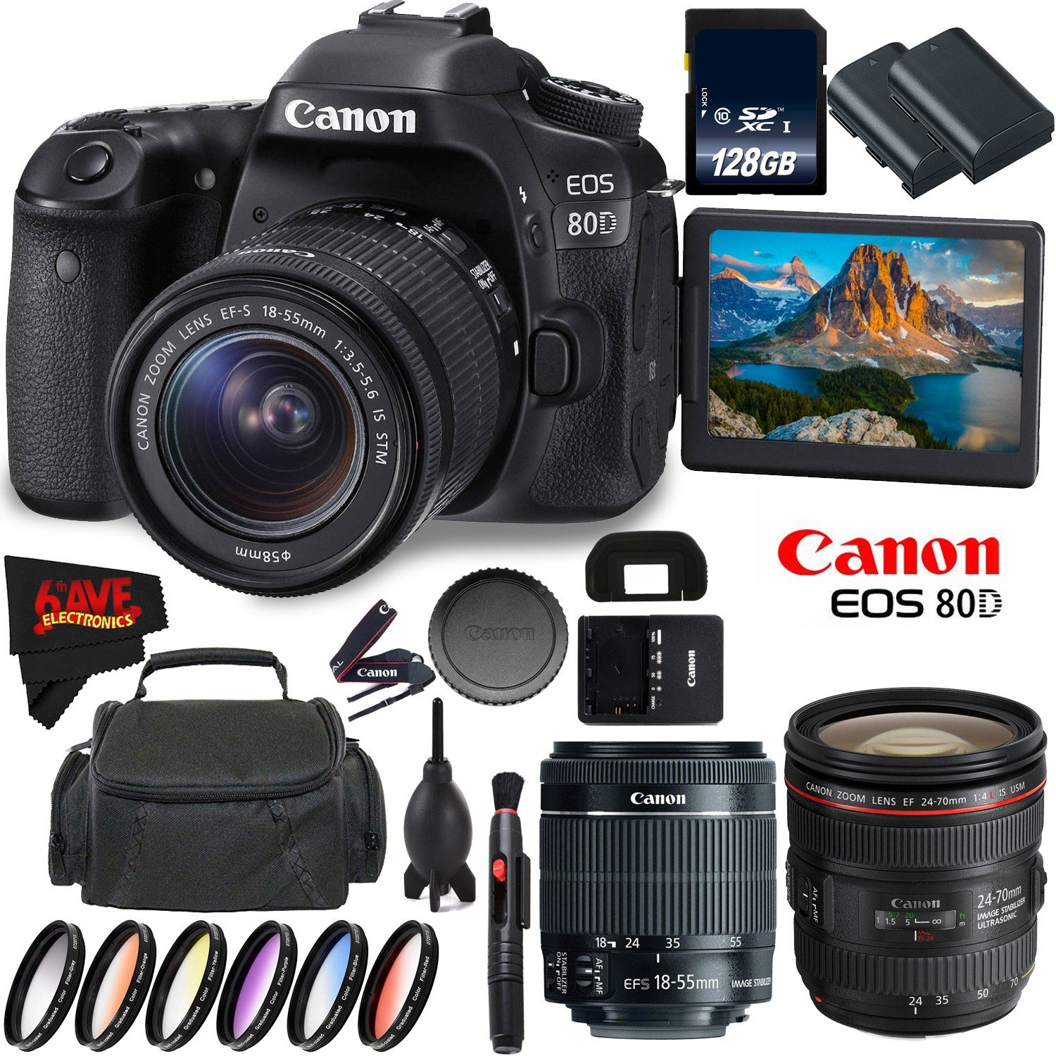 Canon EOS 80D DSLR Camera with 18-55mm Lens 1263C005 (Intl Model) + Canon EF 24-70mm f/4L IS USM Lens + 128GB Class 10 Memory Card + LP-E6N Lithium-Ion Battery Bundle