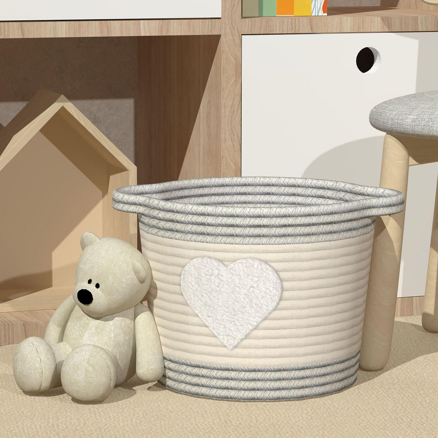 Cotton Rope Storage Basket with Boucle Heart Patch