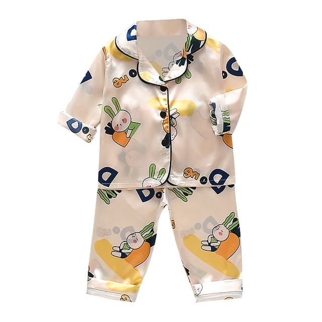 Toddler Kids Animal Print Satin Button Down Shirt and Long Pants Silk Pajama Loungewear Set for Girls