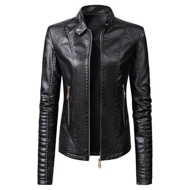 Lovskoo Women Faux Leather Jacket Moto Biker Coat Trendy Jacket Solid Long Sleeve Zipper Pocket Outerwear Tops Short Coat Black
