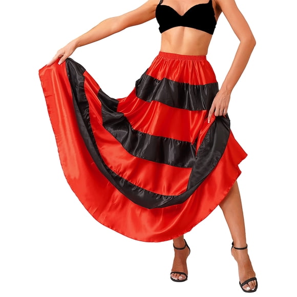 inlzdz Women's Flamenco Dance Skirt Spanish Mexican Tiered Ruffles Carnival Ballroom Dancing Costume Type A 360 Degree One Size