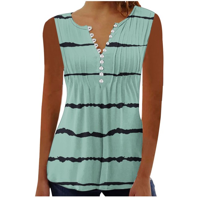 Timegard Tank Tops for Women Notched V-Neck Button Ruched Striped Sleeveless Tshirts Casual Tunic Top