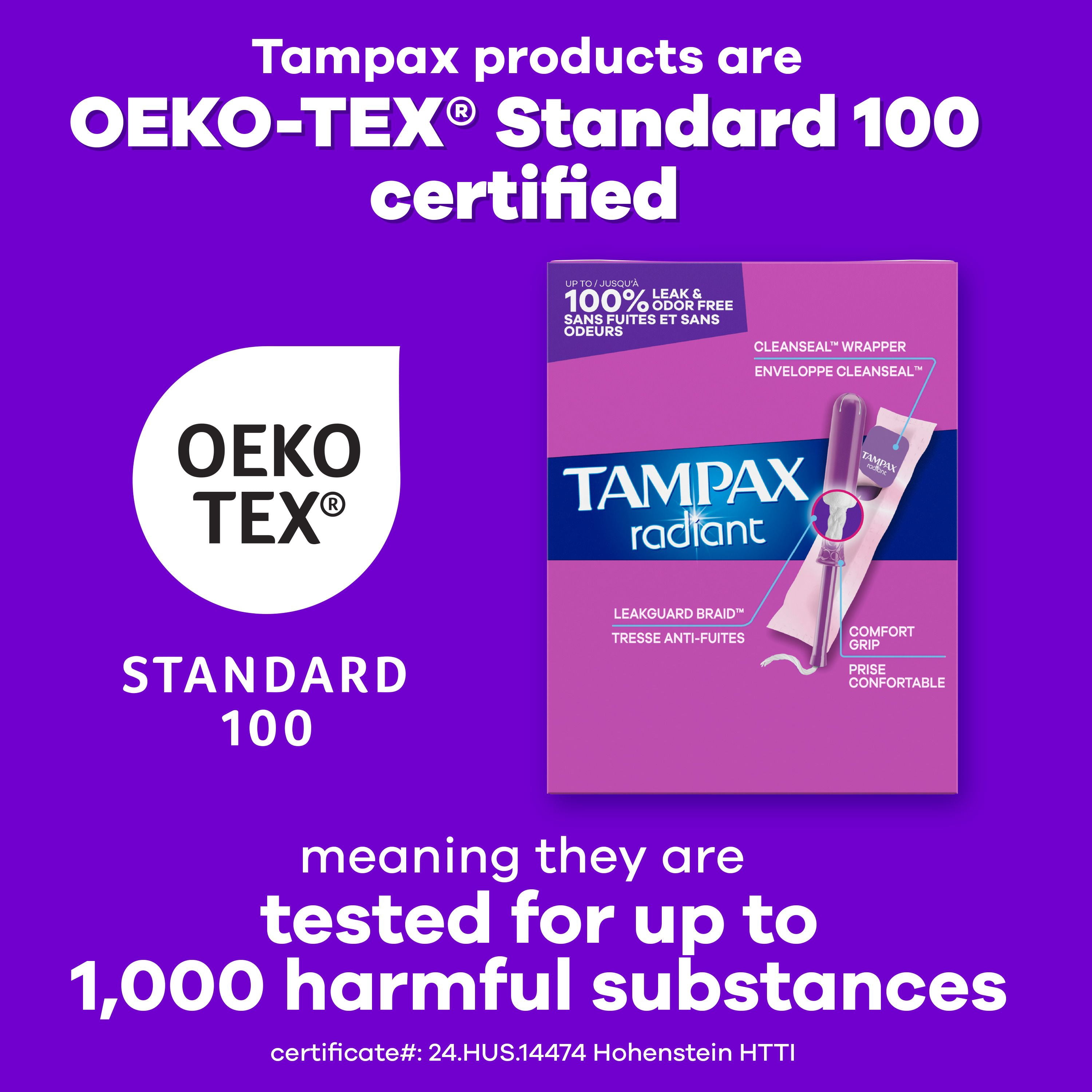 Tampax Radiant Emballage Multiple de Tampons, avec Tresse Anti-Fuites, Absorption Régulière/super, Non Parfumés