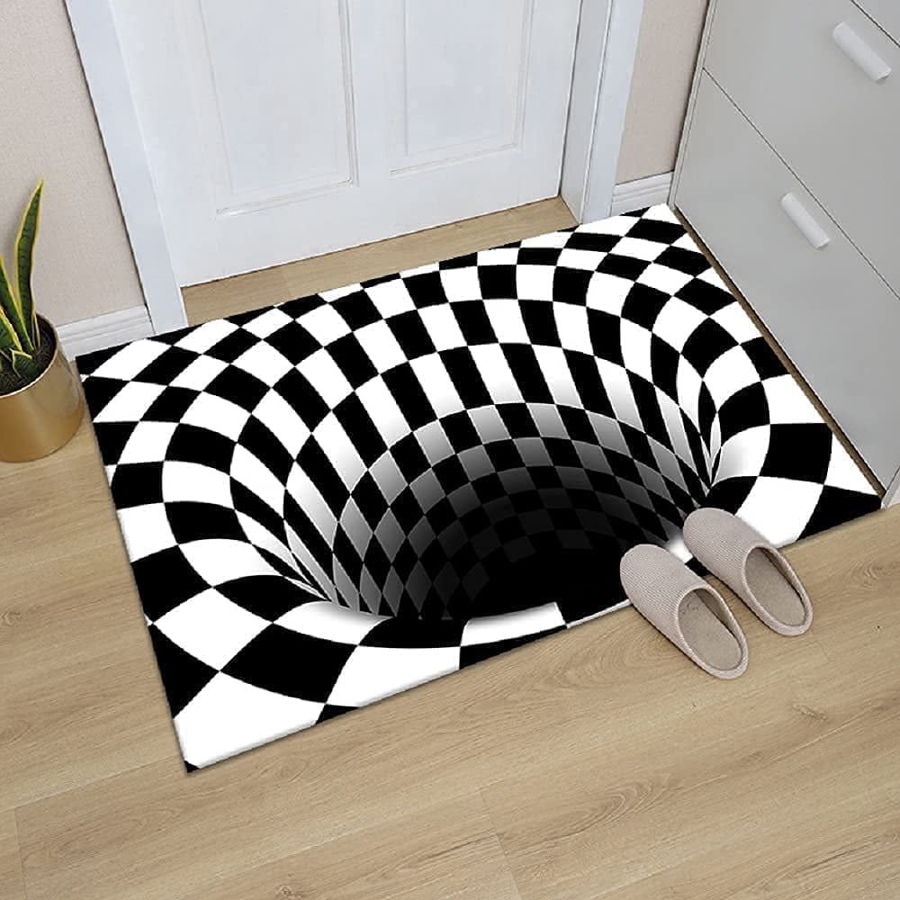 Optical Illusion Rug 3D Stereo Checkered Vortex - Non-Slip Black & White Plaid Area Rug for Home Decor