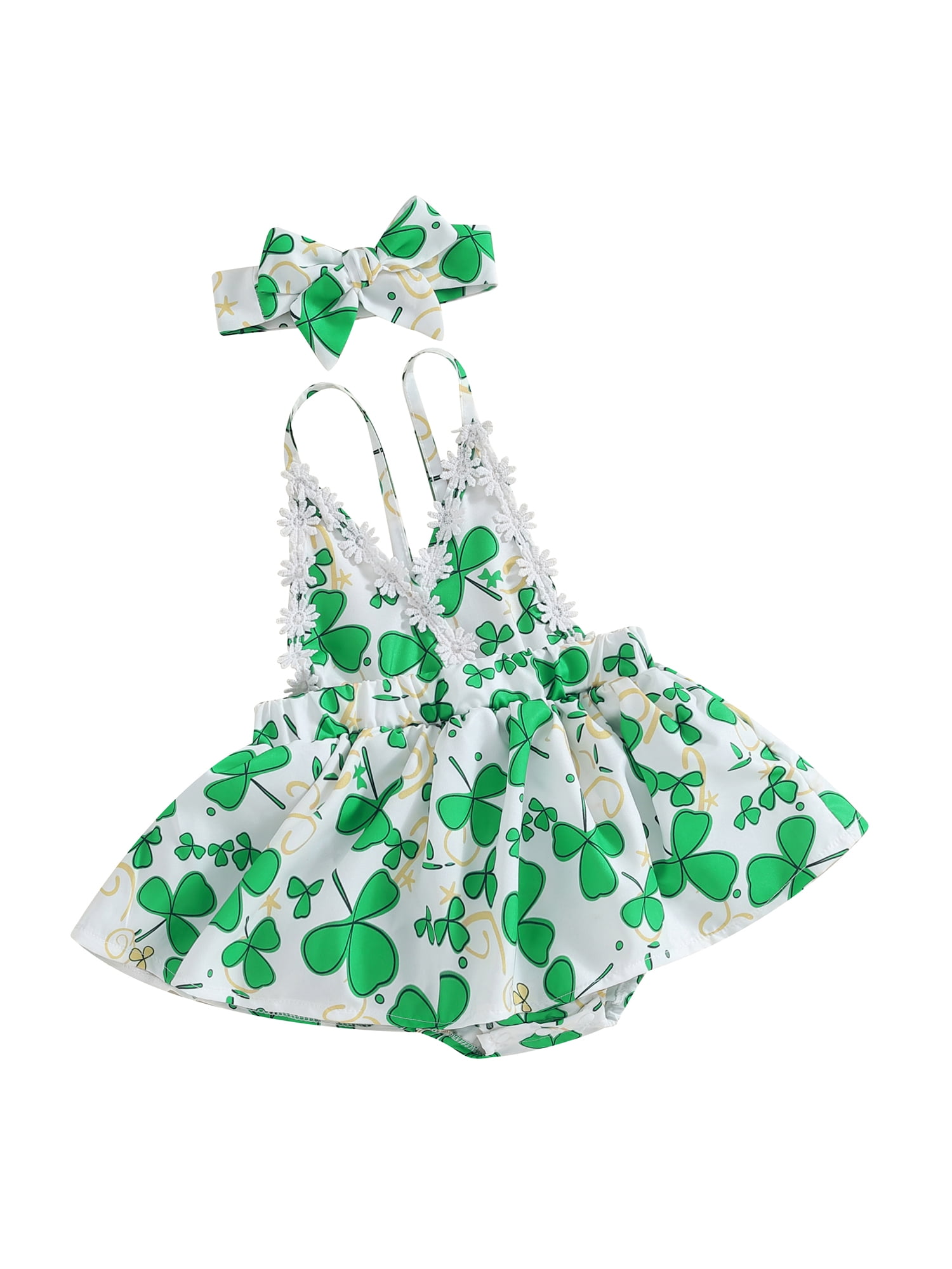 SUNSIOM Ensemble 2 Pcs Fille Irlandaise Imprimé Trèfle Sans Manches Robe et Bandeau Mignon Mode Vêtements d'Été
