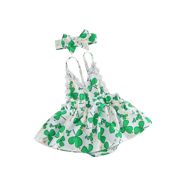 SUNSIOM Ensemble 2 Pcs Fille Irlandaise Imprimé Trèfle Sans Manches Robe et Bandeau Mignon Mode Vêtements d'Été