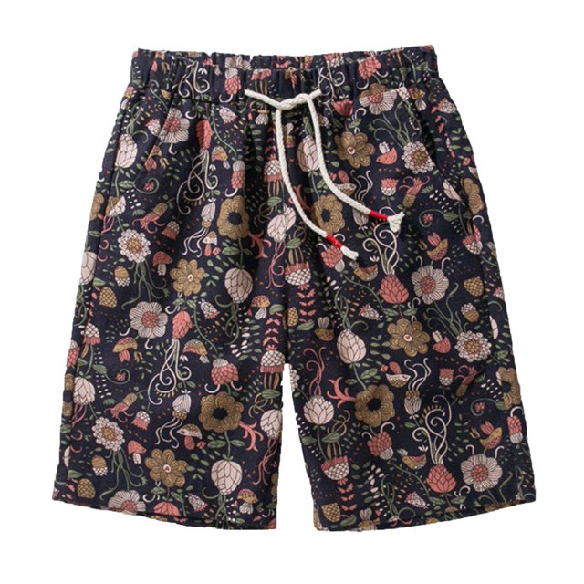 Short de Plage Décontracté en Coton et Lin à Cordon Style Ethnique Floral Marine TTTG
