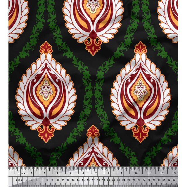 Soimoi Black polyester Crepe Fabric Floral Damask Printed Craft Fabric by the Yard 42 Inch Wide