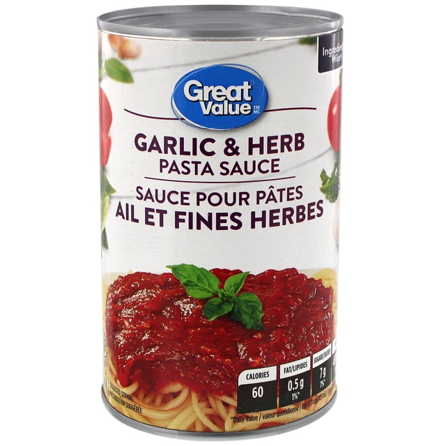 Great Value Garlic & Herb Pasta Sauce can with a front-facing label in English and French, featuring the blue Great Value logo, bold text, and an image of rich red garlic and herb tomato sauce over spaghetti garnished with basil, including visible nutrition facts; suitable for quick, kosher pasta meals.