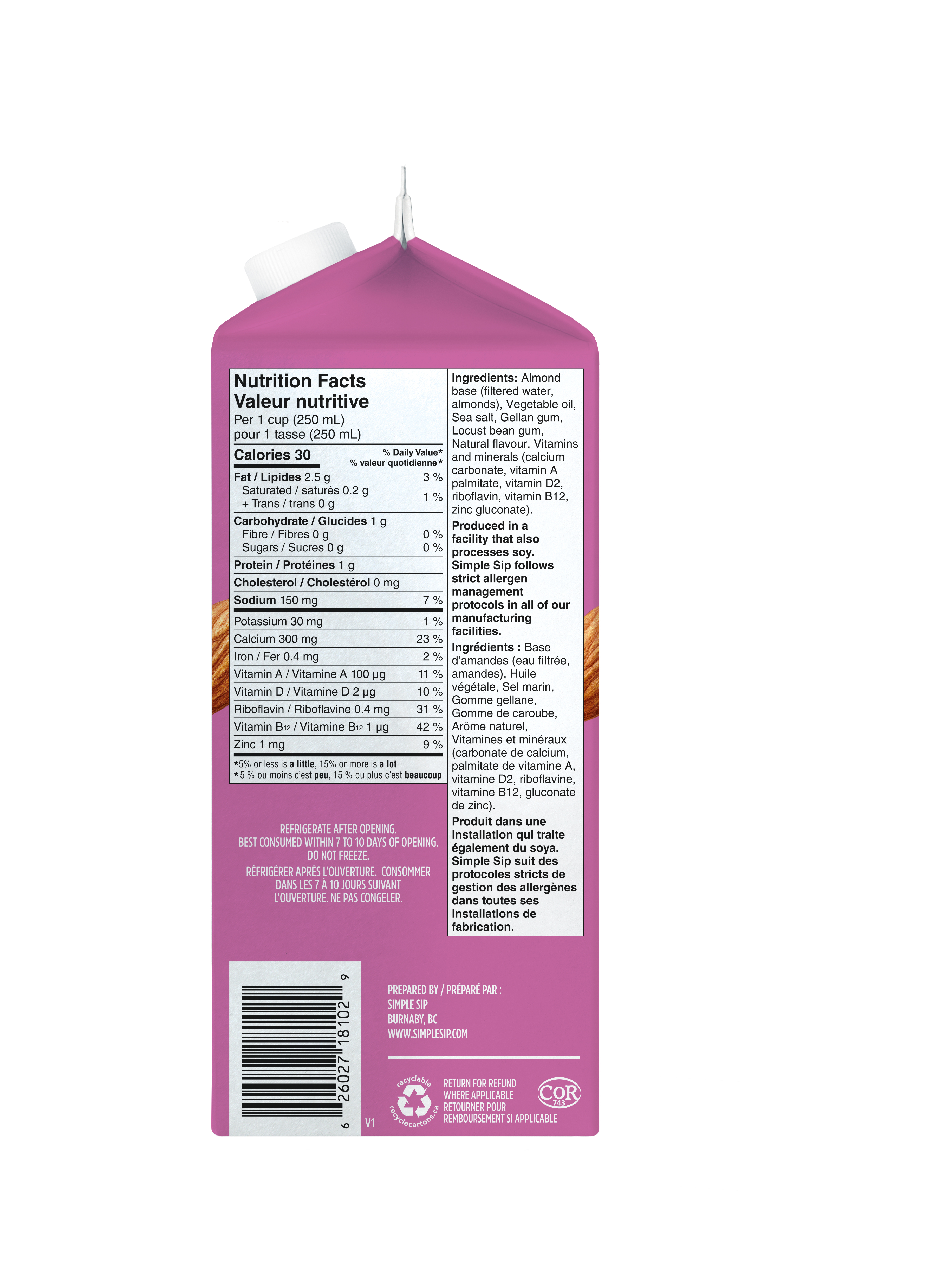Simple Sip amandes non sucree originale