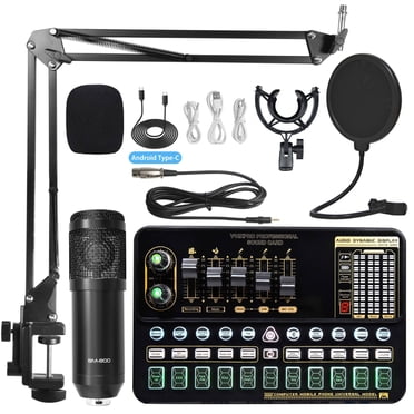 Professional recording studio audio set of external live karaoke microphone sound card（Black-Black）