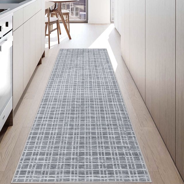 YUSAZENS 2 x 6 Washable Area Rugs for Living Room, Bedroom, Modern Plaid Non-Slip Rug, Farmhouse Throw Rug, Stain-Resistant, Soft Carpet for Home Decor Dark Gray
