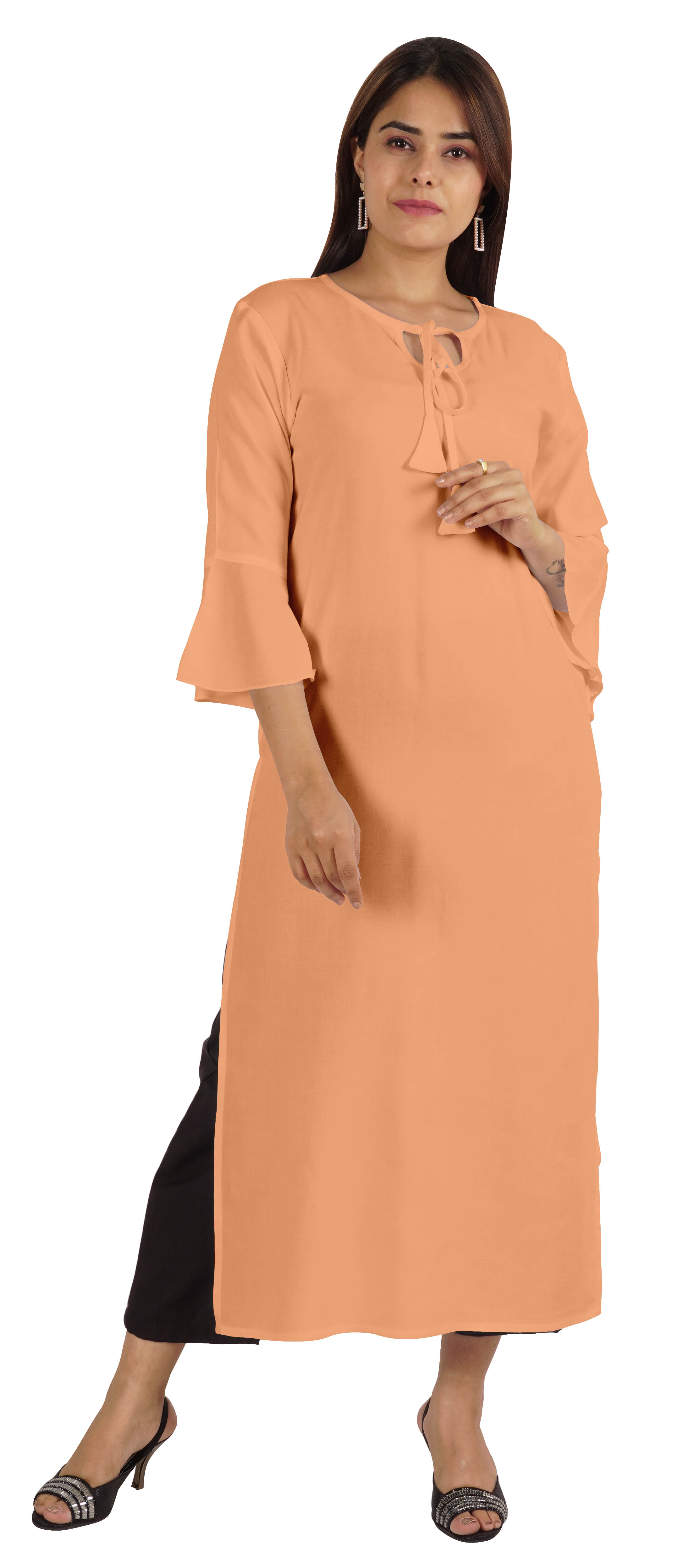 Moomaya Solid Rayon Kurta For Women bell Sleeve Drawstring Neck Long Ethnic Kurti