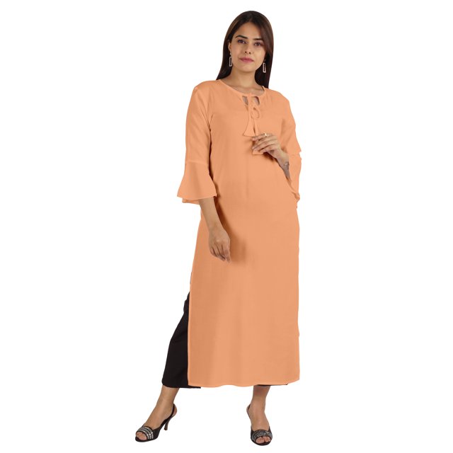 Moomaya Solid Rayon Kurta For Women bell Sleeve Drawstring Neck Long Ethnic Kurti