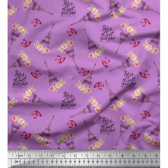 Soimoi Moss Georgette Fabric Text,Floral & Eiffel Tower Architectural Printed Fabric 1 Yard 42 Inch Wide