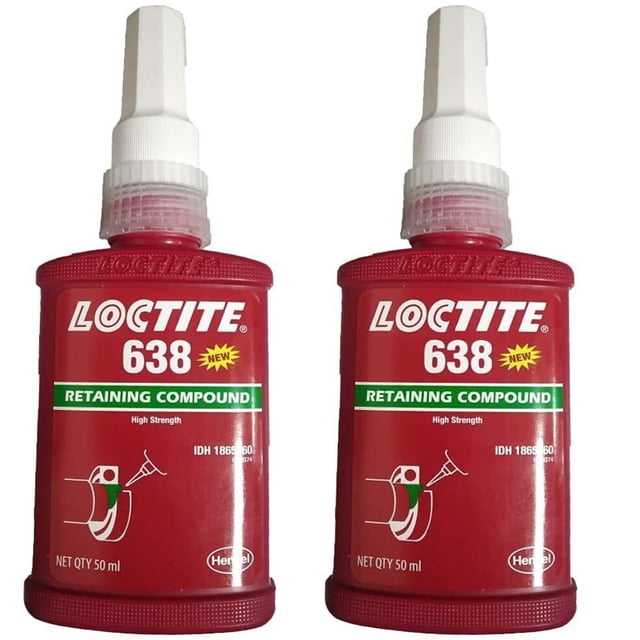 Loctite 638 Composé de Retenue à Haute Résistance à Polymérisation Rapide en Lot de 2 de 50 ml, Conçu pour le Collage de Pièces Cylindriques avec des Espaces de Liaison Étroits jusqu'à 0,25 mm. le Produit Durcit en l'Absence d'Air entre des surfaces Métalliques Bien Ajustées, Prévenant le Desserrement et les Fuites Causés par les Chocs et les Vibrations. Convient aux Arbres, Engrenages et Poulies, Offre une Haute Résistance sur Tous les Métaux, Y Compris