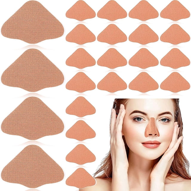24 Set Sun Protection Nose Patch UV Golf Patches for Sunscreen for Men and Women. The image shows 24 beige-colored nose protectors made of breathable cotton cloth, each measuring approximately 6 x 9 cm. These patches are designed to shield the nose from sun and UV rays, suitable for outdoor activities like hiking, cycling, and skiing. A model demonstrates the patch in use.