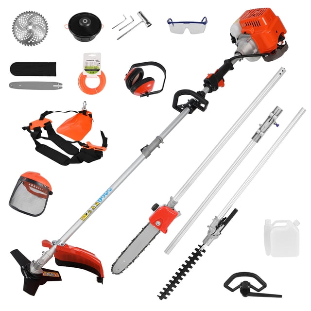 5 in 1 Lawn Mower, 52CC Gas Weed Trimmer, Cordless Hedge Trimmer, 2-Stroke Brush Cutter, Handheld Chainsaw Hedge Pruner displayed with its accessories, including a 3-toothed blade, nylon rope, goggles, headset, extension rods, and installation tools. Ideal for garden maintenance, it features an ergonomic handle, lightweight design, and detachable shaft for easy storage.