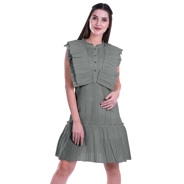 Moomaya Womens Ruffle Sleeve A,Line Schiffli Dress Solid Designer Party Dress