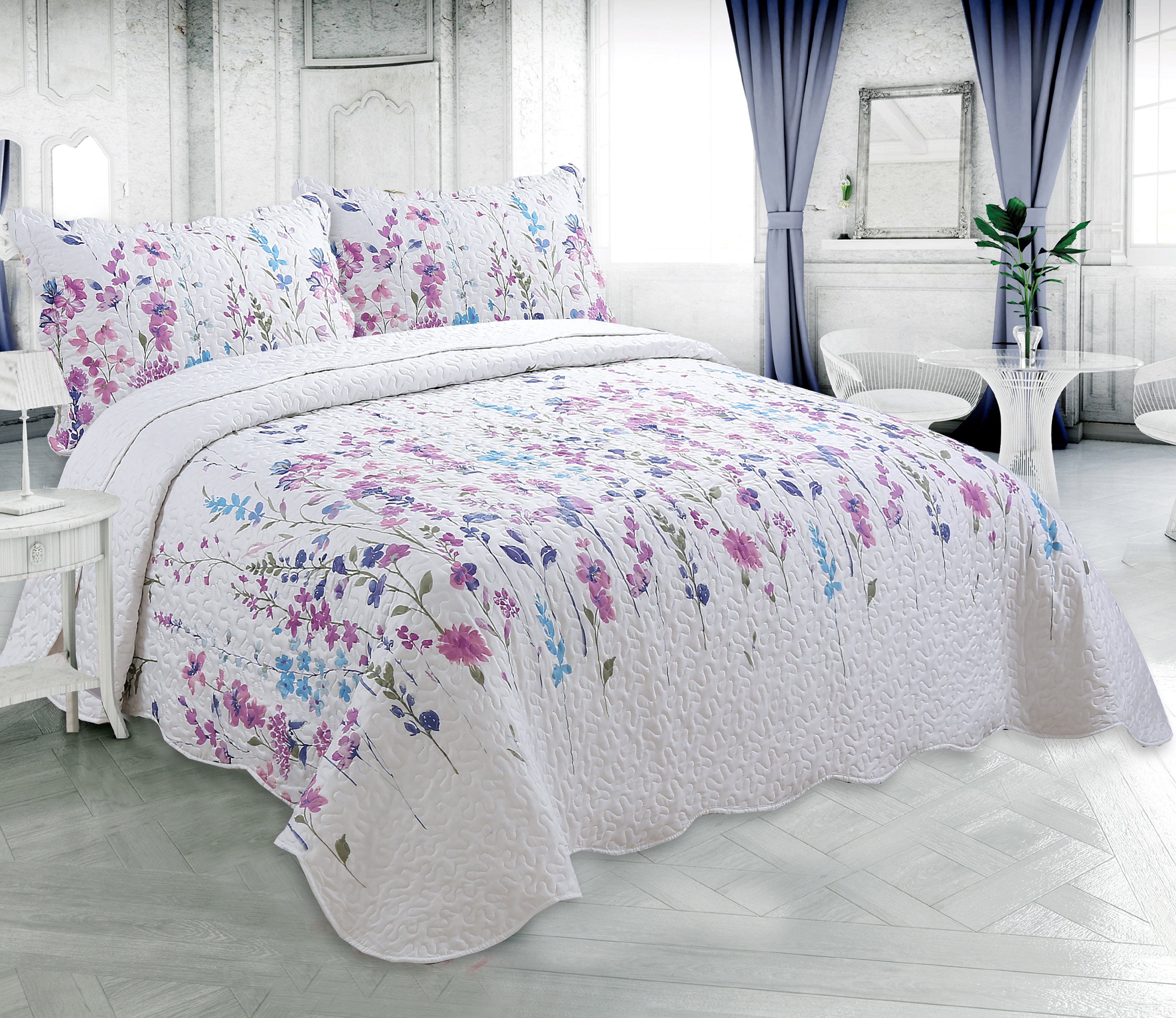 Marina Decoration Couvre-lit imprimé riche, couvre-lit ultra doux, parure de lit d'été avec taie d'oreiller matelassée, motif floral coloré