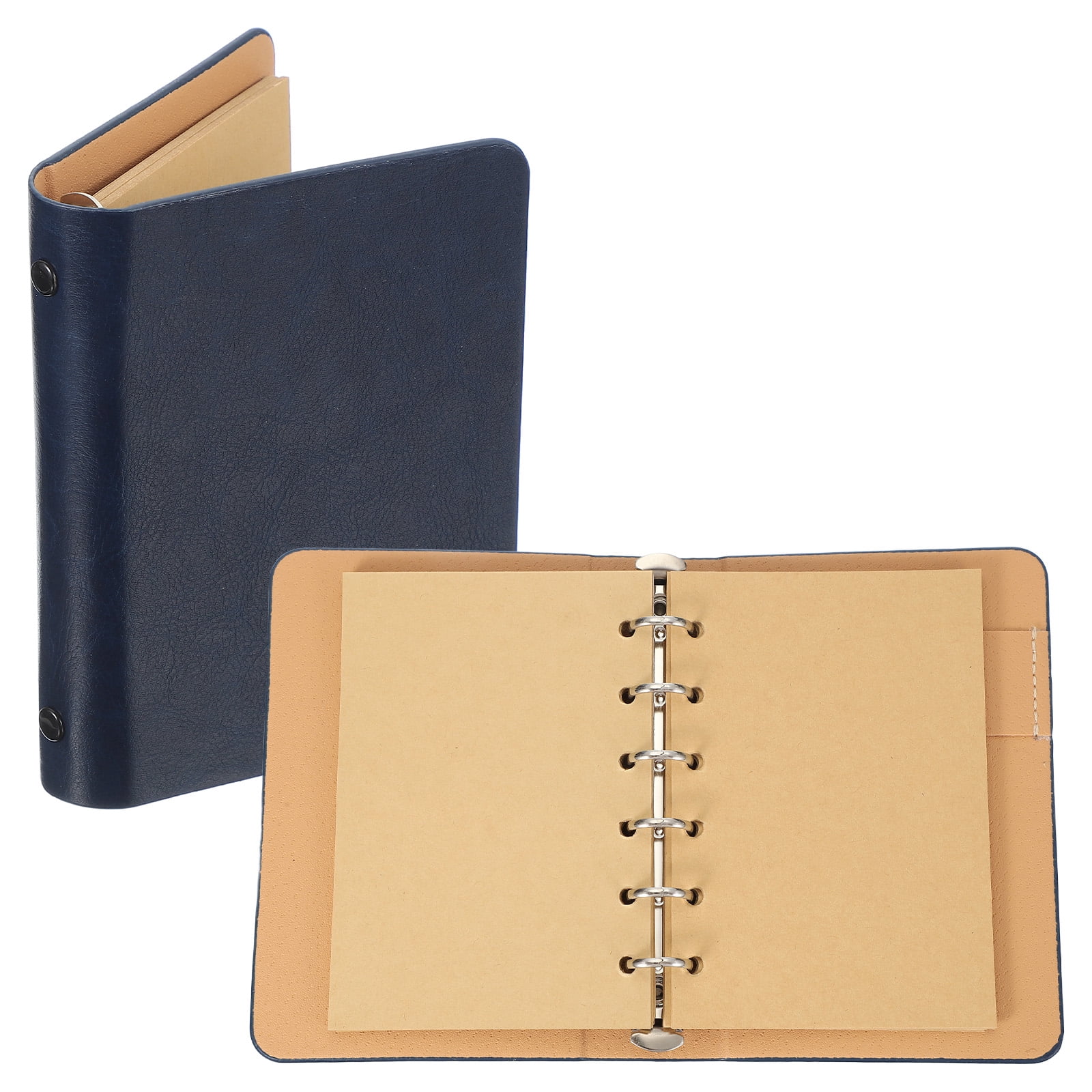 Uxcell 6 Ring Binder Cover, 1 Pack A7 kraft Leather Notebook Binder Mini Refillable Loose Leaf Personal Planner with 50 Sheets Paper, Dark Blue