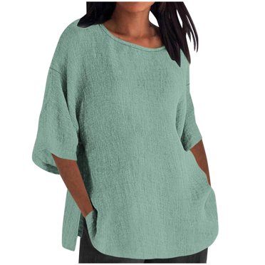 AherBiu Hauts Grande Taille pour Femmes Amples Manches 3/4 Col Rond Été Surdimensionnés Décontractés Épaules Tombantes T-Shirts Hauts