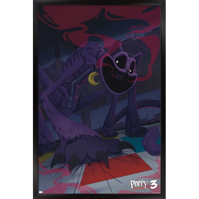 Poppy Playtime : Chapitre 3 - Affiche Murale CatNap Représentant une Figurine de Chat Squelettique Violet Foncé avec de Grandes Griffes et une Boucle d'Oreille en Croissant de Lune, Installée sur un Plancher Carrelé avec de la Fumée Rouge dans une Pièce à Faible Éclairage, Imprimée sur Papier d'Affiche Lustré, Format 22,375 par 34 Pouces, Convient à l'Art Mural et à la Déco de Pièce.
