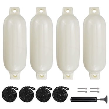 Sailortenx Boat Fenders 4 Pack 4.5x16'' Inflatable Ribbed Marine Boat Fender Lines 6.5' Needles Pump for Boat Bumpers Fender for Docking Fenders White