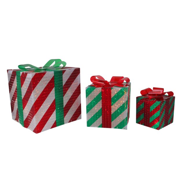 Northlight Striped Gift Boxes Outdoor Christmas Decorations - 8" - Clear Lights - Set of 3