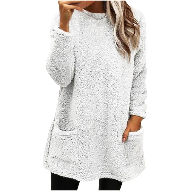 Birdeem Womens Round- Neck and Winter Loose Solid Pocket Warm Long Sleeve Blouse Tops