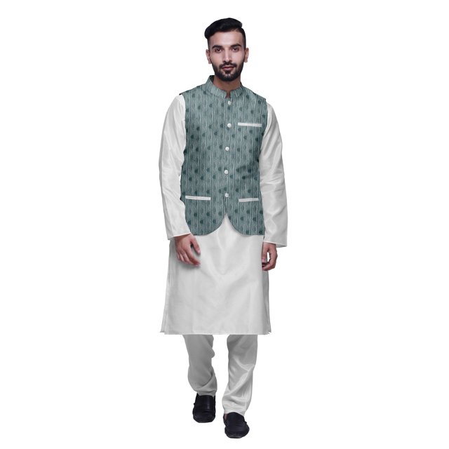 Atasi Kurta Solid Churidar Pajama & Printed Nehru Jacket Set For Mens Party Wear
