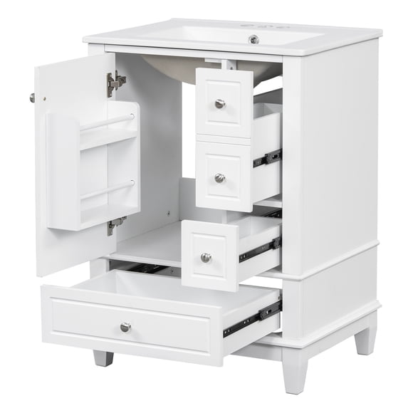 white 24 inch Bathroom Vanity with Ceramic Sink, White Freestanding Vanity with Solid Wood Legs, Soft Close Hinges, 3 Drawers & Cabinet Storage