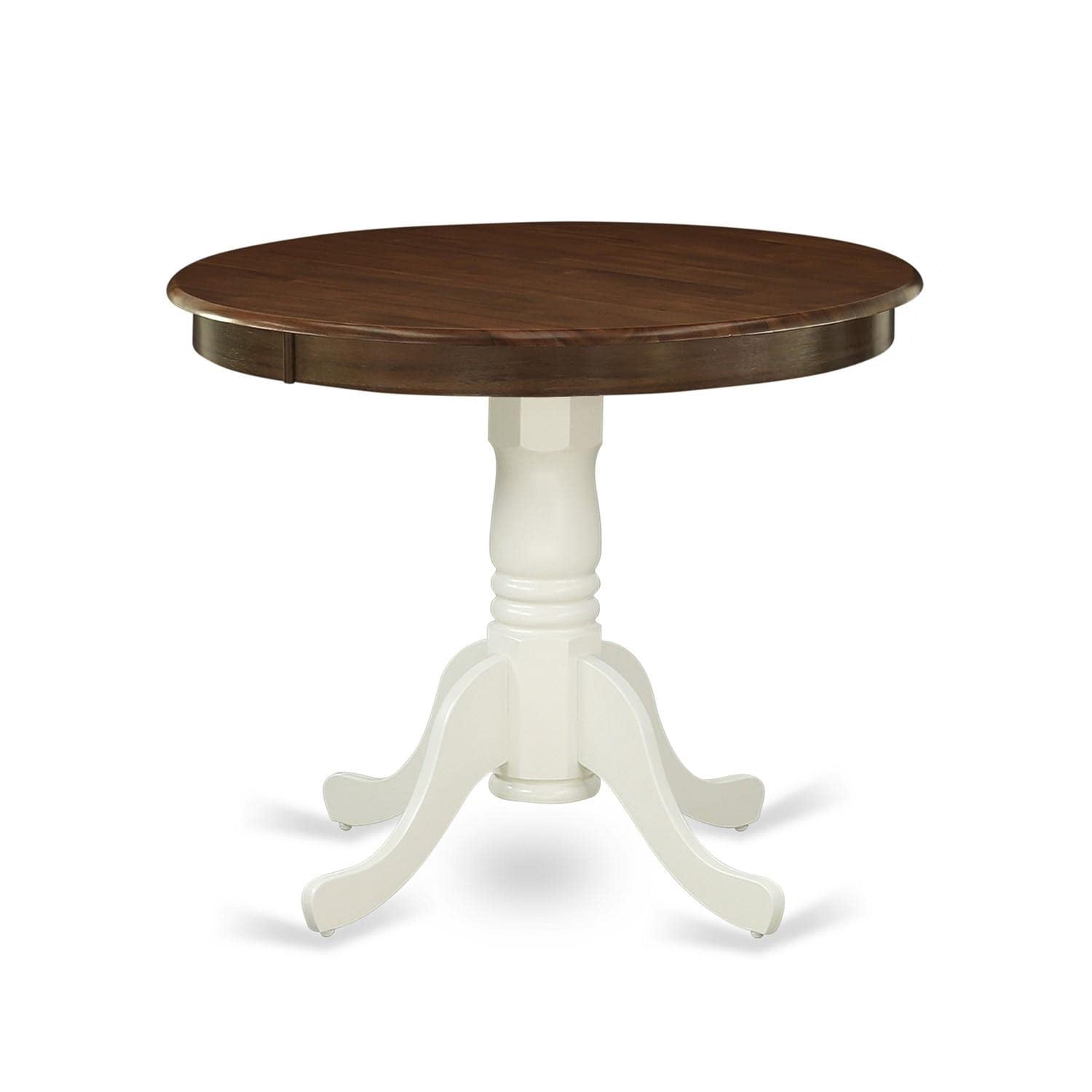 East West Furniture Kitchen AMT-WLW-TP Mid Century Modern Dining Table with Walnut Round Tabletop and 36 x 29.5-Linen White Finish