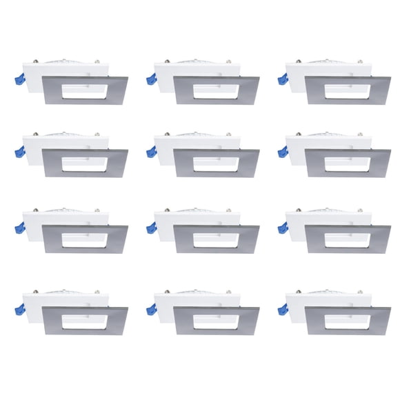 Nadair, 4’’ LED Recessed Ultra Slim Lights, 3000K (warm white), 12-Pack, IC Rated, Dimmable, 12W=80W, 900 Lumens, Quick Connect System, White Finish / Brushed nickel trim included