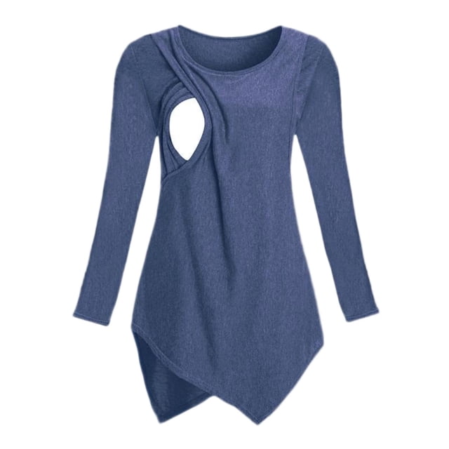 Long Sleeve Blouse Pregnancy Nursing Top, Maternity Ribbed Long Sleeve with Side Drawstring, Round Neck Blouse Long Sleeve Tops