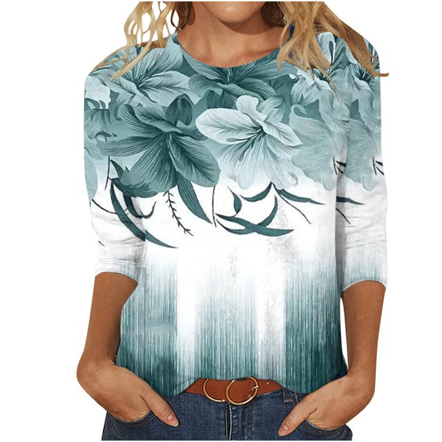 Pompotops T-shirt Ample Imprimé Mode Femme Manches 3/4 Mi-Longueur Col Rond Décontracté en Liquidation