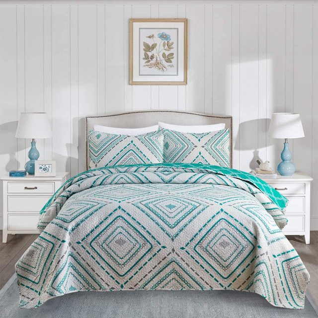 JML Ensemble de Courtepointe Vert à Losanges, 3 Pcs, Grand Lit, Couvre-Lit en Microfibre Douce