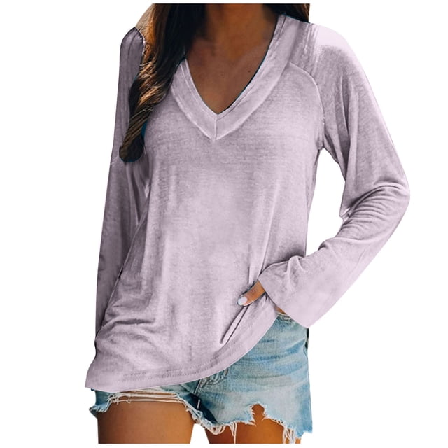 KIHOUT Spring Winter Womens Tops Fashion Casual Long Sleeve V-Neck Solid Color Ladies Tops Blouse
