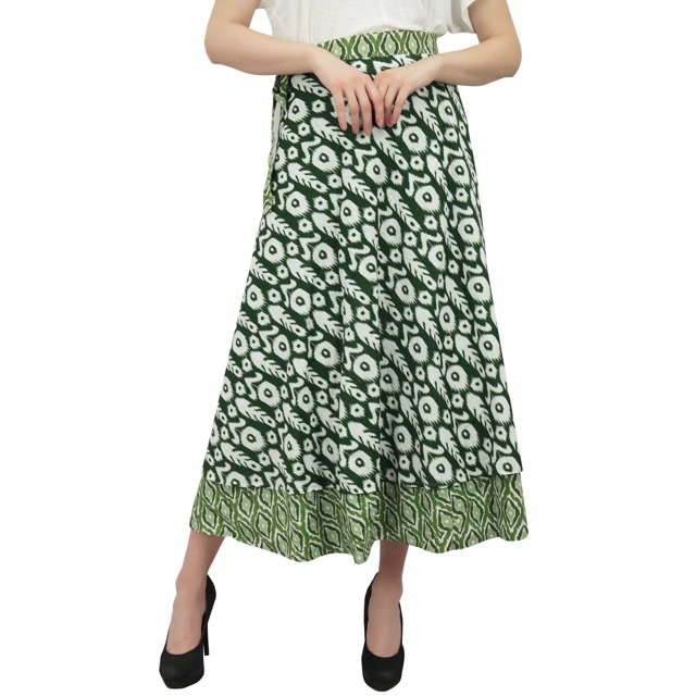 Phagun Robe Bohème Verte en Coton, Jupe Portefeuille Réversible Imprimée Ikat pour l'Été